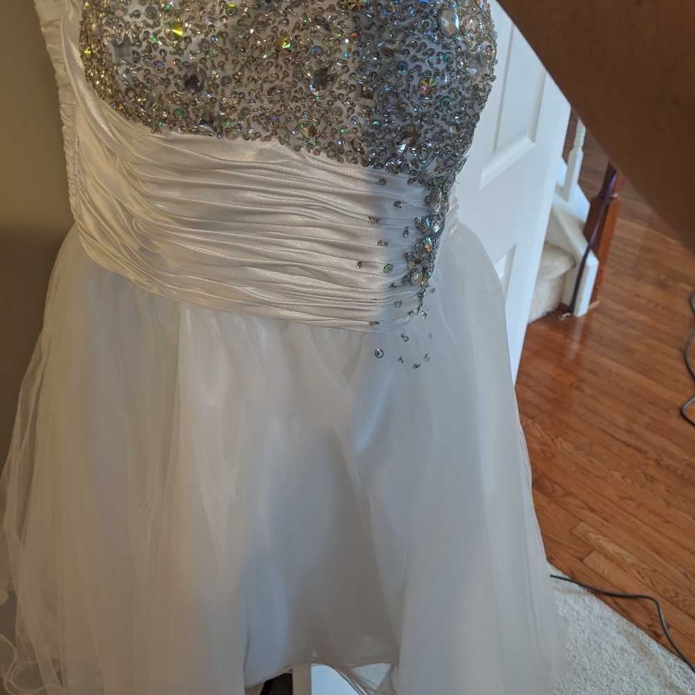 White with silver crystal prom dress